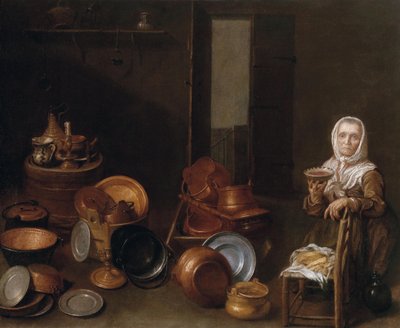 Interior da cozinha com uma mulher velha de Joannes de Cordua